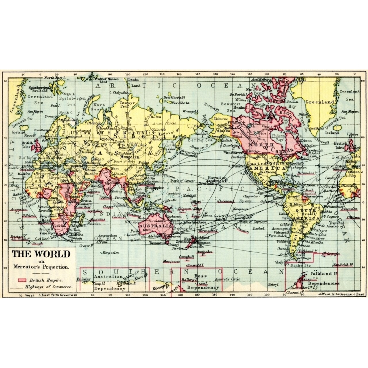 A 1930S Map Of The World On Mercators Projection. The British Empire Shown In Red. Poster Print By Hilary Jane Morgan
